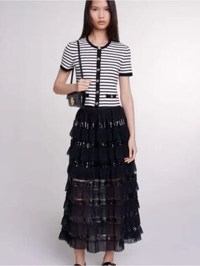 NWT $415 Maje Black Skirt Sequin Bands Size 36 Josephy